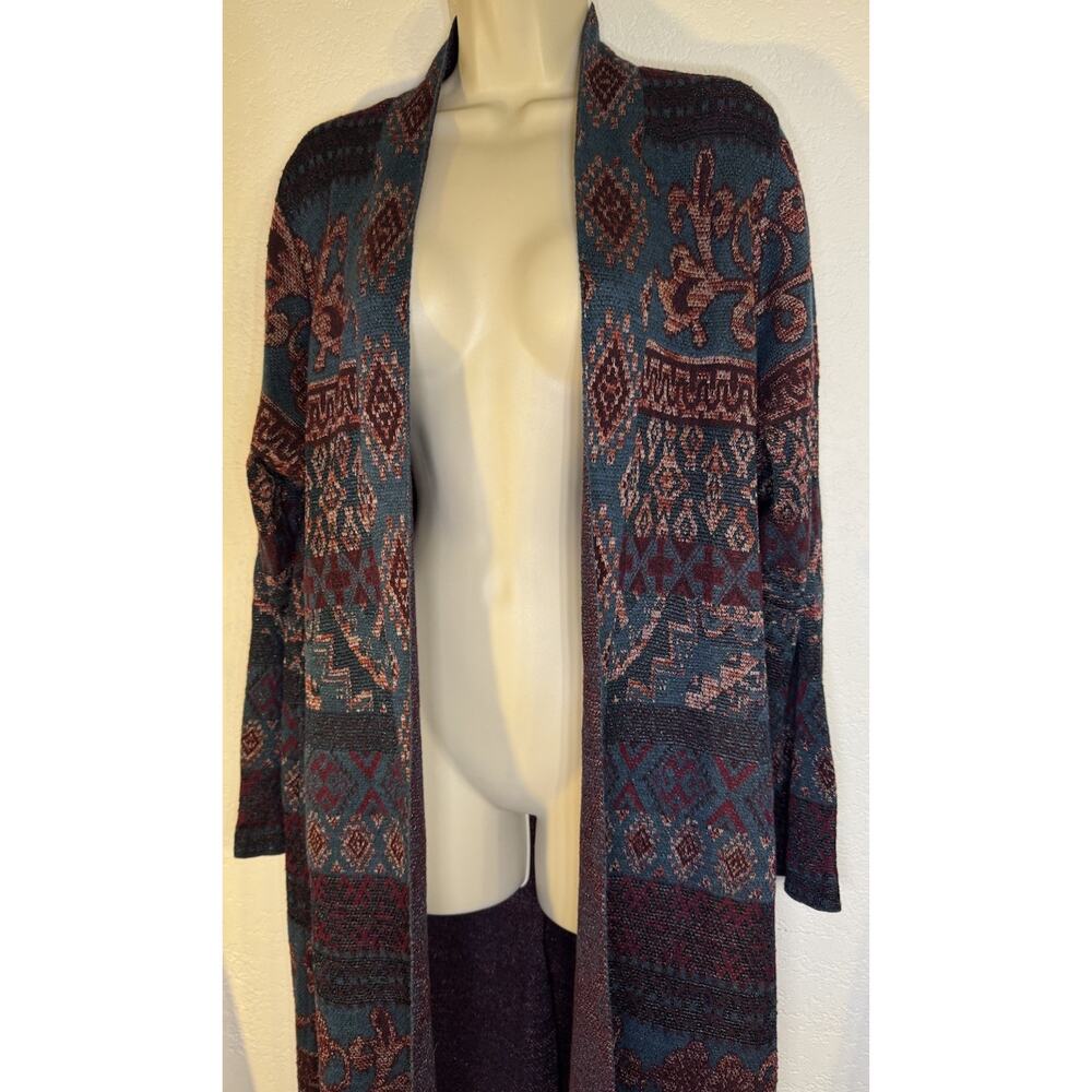 Chicos Duster Cardigan Sz 3 Multi Color Aztec Metallic Open Front Sweater jacket - Picture 9 of 9